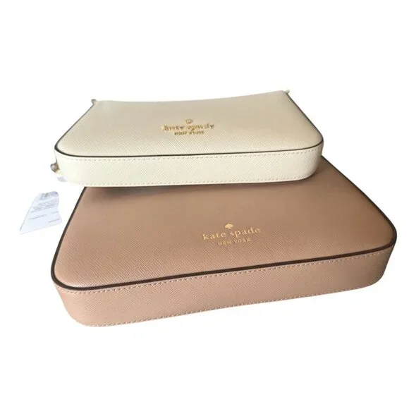Kate Spade Womens Tan Ivory Saffiano Duet Leather Small Crossbody Handbags New